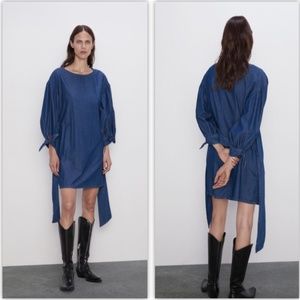 Zara Dress With Voluminous Sleeves Dark Blue NWT